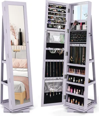 Produktbild von GOPLUS 3 in 1 Schmuckschrank, Spiegelschrank stehend, 360°drehbar, abschließbar, Standspiegel Schmuck Organizer mit großem Stauraum & Ablagefächern