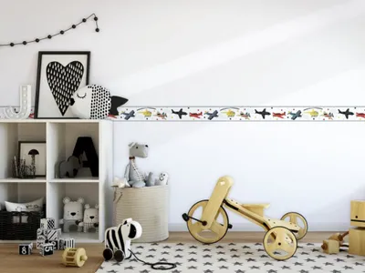 Produktbild von Bunte Bordüre FLUGZEUGE für die Wand im Kinderzimmer Weiß
