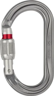 Der OK Ovalkarabiner von Petzl; silberfarben mit rotem Verschluss; geeignet für Klettern.