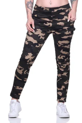Produktbild von Damen Jogginghose  Hohe Taille Thermo Sporthose Fitness Freizeithose mit Taschen,  Camouflage-Beige XS/S