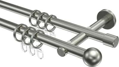 Produktbild von Interdeco Gardinenstange / Vorhangstange Edelstahl-Optik, Typ Medium Puros (Kugel), 16 mm Ø 2-läufig, 420 cm