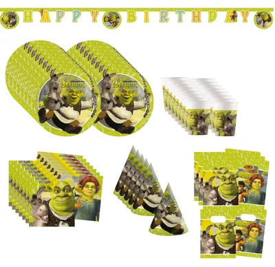 Produktbild von Shrek Geburtstagsdeko Set 67-tlg Partygeschirr Girlande Hüte Tüten