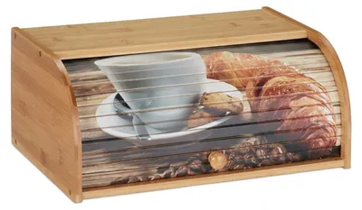 Obrázek produktu pro Relaxdays bambusový zásobník na chléb, rolovací víko s motivem, aroma-odolné skladování chleba, s policí, HBT 17x40x27cm, přírodní