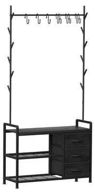 Zdjęcie produktu dla Wieszak stojący półka na buty - Z szufladą i haczykami - 84 x 30 x 176 cm