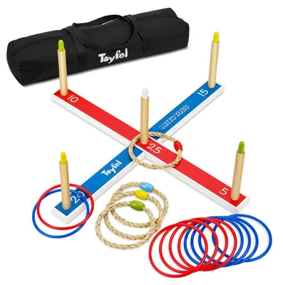 Produktbild von Wurfspiel Quoits Ringwurfspiel - Holz aus Kiefer - 15 Ringe - Mit Tragetasche für Garten und Urlaub