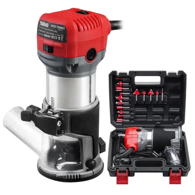 Produktbild von TEENO Oberfräse 800W 13000–33000 U/min mit Plastikbox, Elektrik Hand Holz Oberfräse Kantenfräse Mit 15 Stück 1/4" Fräsen Cuter,6 Geschwindigkeitsstufe
