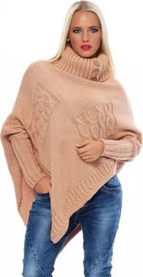 Produktbild von 30-01 Mississhop Damen Poncho Strick Pullover weiche Strickjacke Cape Umhang Überwurf One Size Milchkaffee