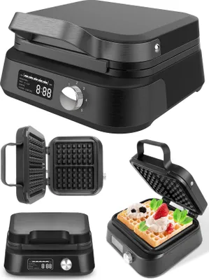 A collage of images showing a black waffle maker from different angles, including one with a waffle topped with cream and strawberries.