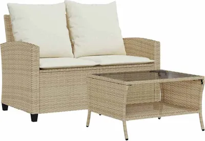 Image de vidaXL Canapé de jardin 2 places avec coussins & table Beige Poly rotin