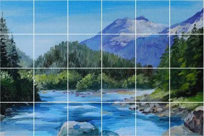 Produktbild von Fliesenaufkleber 15x15 cm – 24 Stück – Selbstklebend – Wasserfest – Pflegeleicht – Hitzebeständig – Für Küche & Bad – Berglandschaft mit Fluss