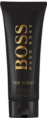 A black tube of Hugo Boss The Scent shower gel with gold lettering.