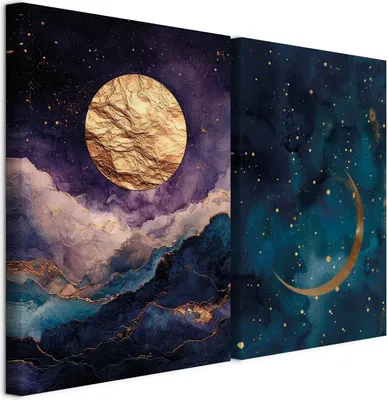 Produktbild von murando - Akustikbild Bilder XL Set Landschaft mit Mond Kunstdruck auf Leinwandbild 80x60cm 2 Teilig je 40x60cm Collage 2er Kunst Wandpaneele Schalldämmung Leinwandbilder Dekoration - c-C-10120-b-a