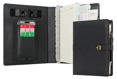 Produktbild von A5 Tagebuch Liniertes Notizbuch mit Stift, Nachfüllbar, Ringbuch Portfolio Organizer Schwarz