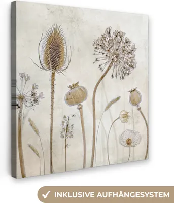 Produktbild von MuchoWow® - Leinwandbilder - Blumen - Aquarell - Stilleben - Braun - Vintage, Wandbild, Wanddeko Bilder Wohnzimmer, 50x50 cm