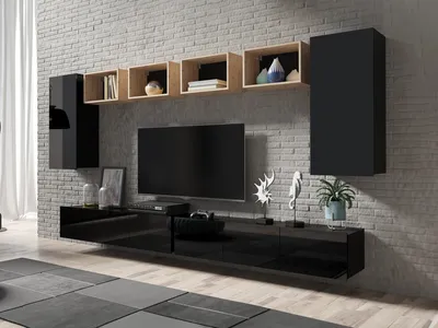 Produktbild von Wohnwand CALABRINI-35 Wohnzimmer-Set Hängewohnwand Schrankwand Schrank TV-Schrank Moderne Anbauwand Hochglanz (Schwarz / Artisan Eiche)