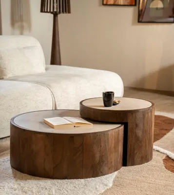 Produktbild von Couchtisch Florenz 2´er Set rund aus Mangholz und Marmor