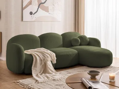 Produktbild von Nuvola - Moderne Ecksofa L-Form aus Grün Bouclé-Stoff mit abgerundetem Design und hohem Sitzkomfort