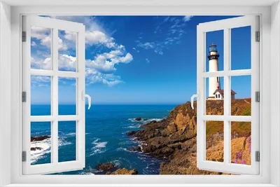 Produktbild von Wallario Poster mit Fenster-Illusion: Leuchtturm auf einem Felsvorsprung - Blauer Himmel, Größe: 100 x 150 cm