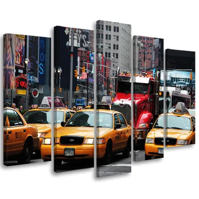 Produktbild von 5-teiliges leinwandbild taxi times square new york 150x100 cm Feeby farbe wandbild bereit zum aufhängen