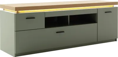 Produktbild von Lowboard >MONIZ< 2 Schübe, 1 Tür, Salbei grün / Eichenfarben Nachbildung - 156x57x44 (BxHxT)