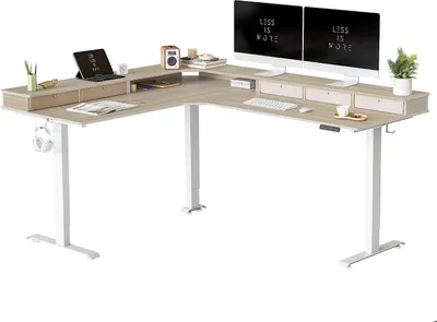 Image de FEZIBO Bureau à trois moteurs 190x160 cm Réglable en hauteur électrique Bureau d'angle blanc/noyer clair