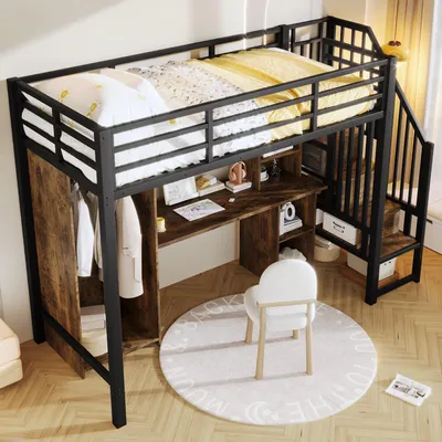 Image de OKWISH Lit Mezzanine 90x200 cm - avec Bureau, Escalier et Armoire Intégrée - sans Matelas - Métal - Noir