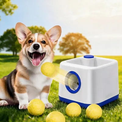Image de (Bleu) Lanceur de balles automatique pour chiens, machine à lancer de balles pour chiens avec 5 balles en ETPU, 3 distances de lancer, batterie de 6600 mAh