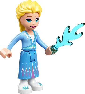 A Lego minifigure of Elsa from Frozen, holding a blue ice accessory.