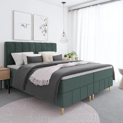 Produktbild von Bett, Boxspringbett BEGI - auf hohen Beinen mit Taschen-Matraze, T25 Topper, Bettkästen, Doppelbett, Stauraum, 180x200 cm, (Grün - ITAKA 10)