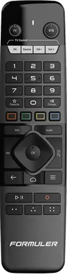 A black remote control with various buttons and labels.