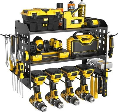 Immagine prodotto di Supporto da parete per utensili elettrici, porta-utensili per 4 pezzi, organizzazione per garage e officina, 42,5 x 20 x 31 cm, nero
