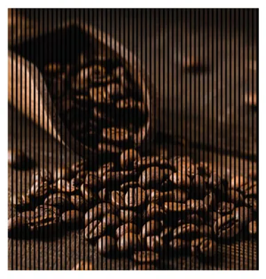 Produktbild von Akustikpaneele mit Digitaldruck Kaffee01 19 x 2253 x 2400 mm Kaffeebohnen Kaffeeschaufel Tisch MDF PET-Fasern Wandpaneele Braun 4 Einzelplatten