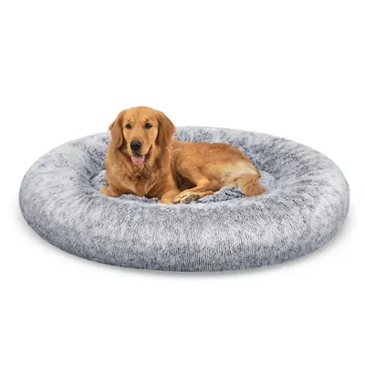 Produktbild von Feandrea Hundebett flauschig, Katzenbett, Donut Kissen, waschbar, Polsterung in der Mitte herausnehmbar, Langer Plüsch, 120 cm Durchmesser, Ombré-Grau