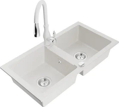 Produktbild von Mexen Mario 2-Becken-Granitspüle mit Mischbatterie Savita, Weiß - 6504-20-672601-20