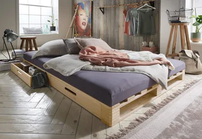 Produktbild von Palettenbett mit Schubkästen 140x200cm 'Finja' Kiefer massiv unbehandelt