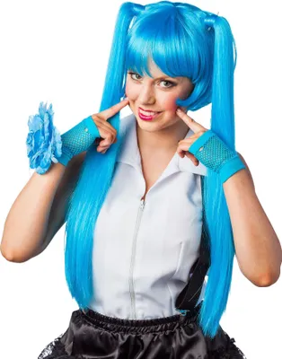 Produktbild von Manga Perücke mit langen Zöpfen Blau Karneval Fasching Cosplay Party Anime