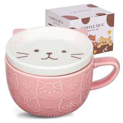 Produktbild von Keramiktasse mit Deckel Katze Pink Kaffee Teetasse Geschenk
