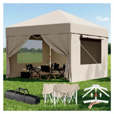Produktbild von Belüftetes Netzfenster Faltpavillon, 3x3 wasserdicht und stabil, winterfest, Pop-up Pavillon mit Seitenwänden, UV-Schutz 50+, Partyzelt für Gärten, Innenhöfe und Camping. Beige