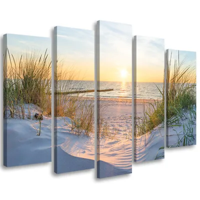 Produktbild von 5-teiliges leinwandbild sonnenaufgang meer 200x100 cm Feeby beige wandbild bereit zum aufhängen