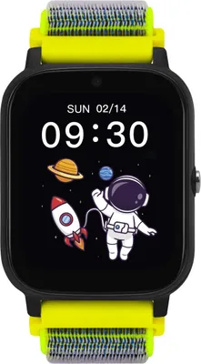 A smartwatch with a space-themed watch face.