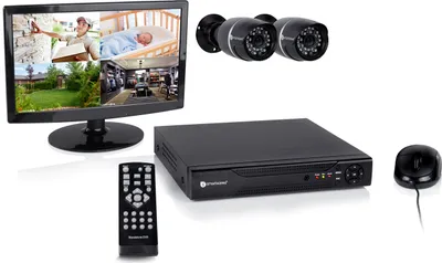 A security camera system with a monitor, DVR, cameras, remote, and mouse, displayed on a white background.