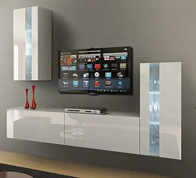 Produktbild von Furnitech Wohnwand Wohnzimmer - Wohnzimmer Möbel mit LED Weiß - Hängend Wohnwand Modern mit Regale und TV Schrank (Future 47/HG/W/2 1B)