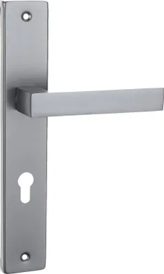 A silver-colored door handle with a rectangular plate and a keyhole cutout, set against a white background.