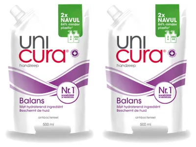 Imagen del producto de 2 unidades de jabón antibacteriano líquido para manos Unicura Balans, recambio de 500 ml - Paquete económico
