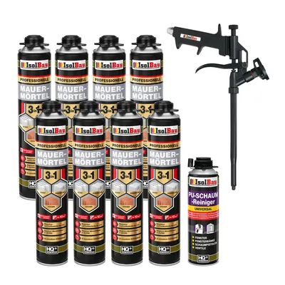 Produktbild von Isolbau Mauermörtel Pistolenschaum SET - Teflon Schaumpistole, PolyurethanReiniger Montageschaum Klebeschaum PolyurethanMörtel 8 x 750ml