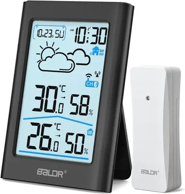 Produktbild von Wetterstation Funk mit Außensensor, Digital DCF-Funkuhr Thermometer Innen Außen, Temperaturanzeige Funk, Raumthermometer, Hygrometer, Wettervorhersage, Uhrzeitanzeige, Wecker, 3.7 Zoll Display（Batterie nicht im Lieferumfang enthalten）