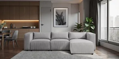 Productafbeelding van Designbank NEVIO, hoekbank, bekleding: stof Lincoln, kleur: grijs, met hocker aan de rechterkant