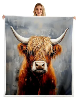 Produktbild von Hochlandkuh Decke 150x200cm Couchdecke Tier Kuscheldecke Weich Wildtiere Flanell Fleecedecke Zimmer Nachbildung Grau Orange Wohndecke