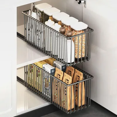 Produktbild von 2 Stück Ausziehbare Schublade Küche, Teleskopschublade, Ausziehbare Ausziehbare Schublade (15.3cm B x 41 cm T x 16 cm H), Kein Bohren und Nageln Erforderlich, Schwarz