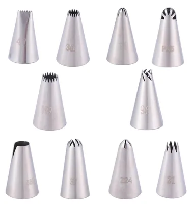 Produktbild von Spritztüllen-Set - 10-teilig aus 304 Edelstahl - Für Zuckerguss, Brandteig und Dekoration von Cupcakes und Torten